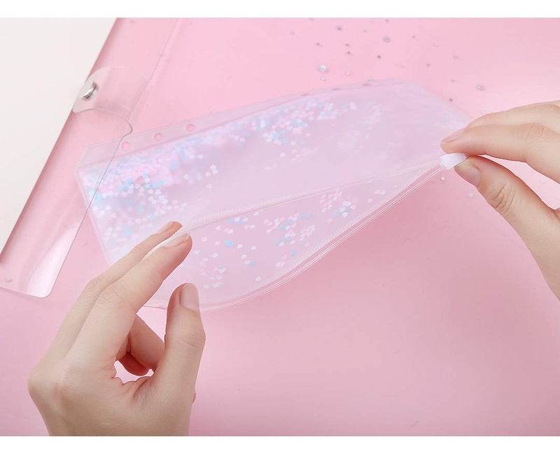 Chris.W 2 Pack Clear Plastic Zipper Pockets Envelopes for A5 6-Ring Binder Notebook, Built-in Glitter Flakes Decorations (A5 Size) - Image 2